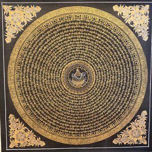 Original Hand-Painted Traditional Tibetan Buddhist Compassion Mantra Mandala.